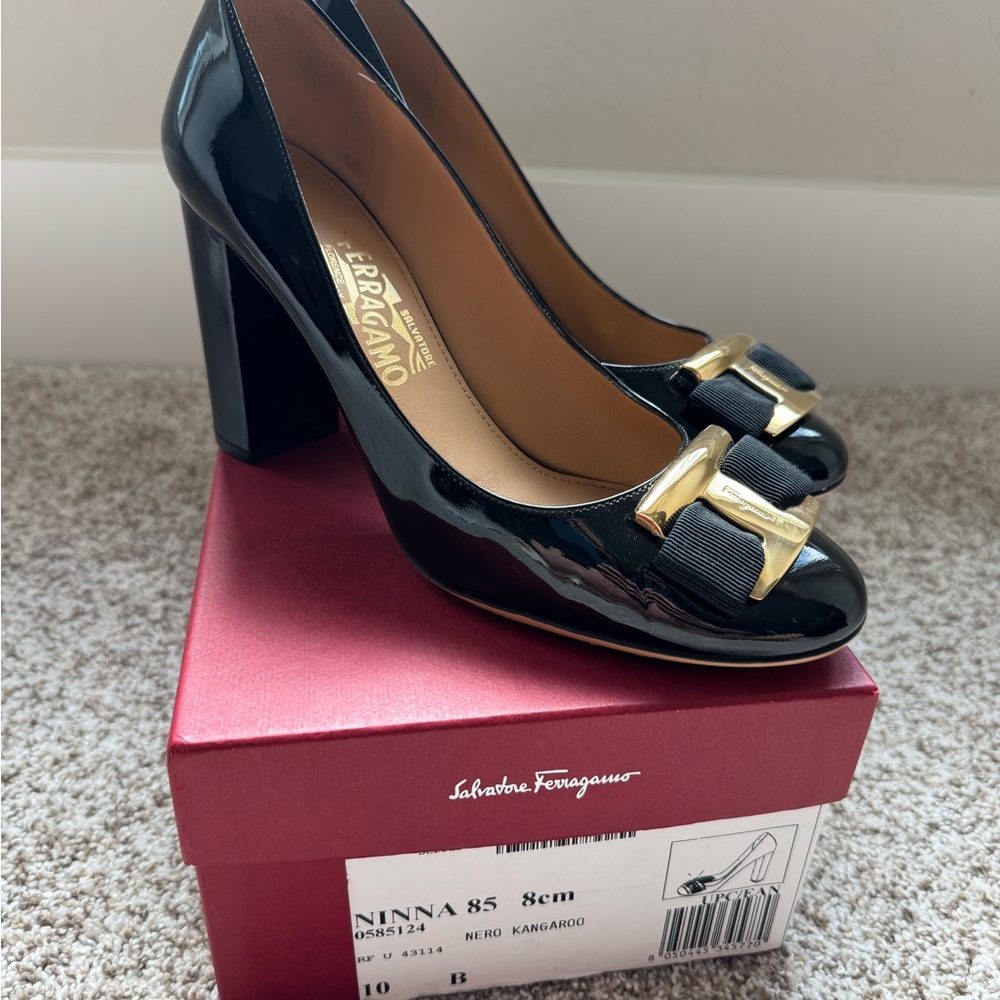 Salvatore Ferragamo Ninna 85 8cm Block Patent Leather Heels size 10 B
